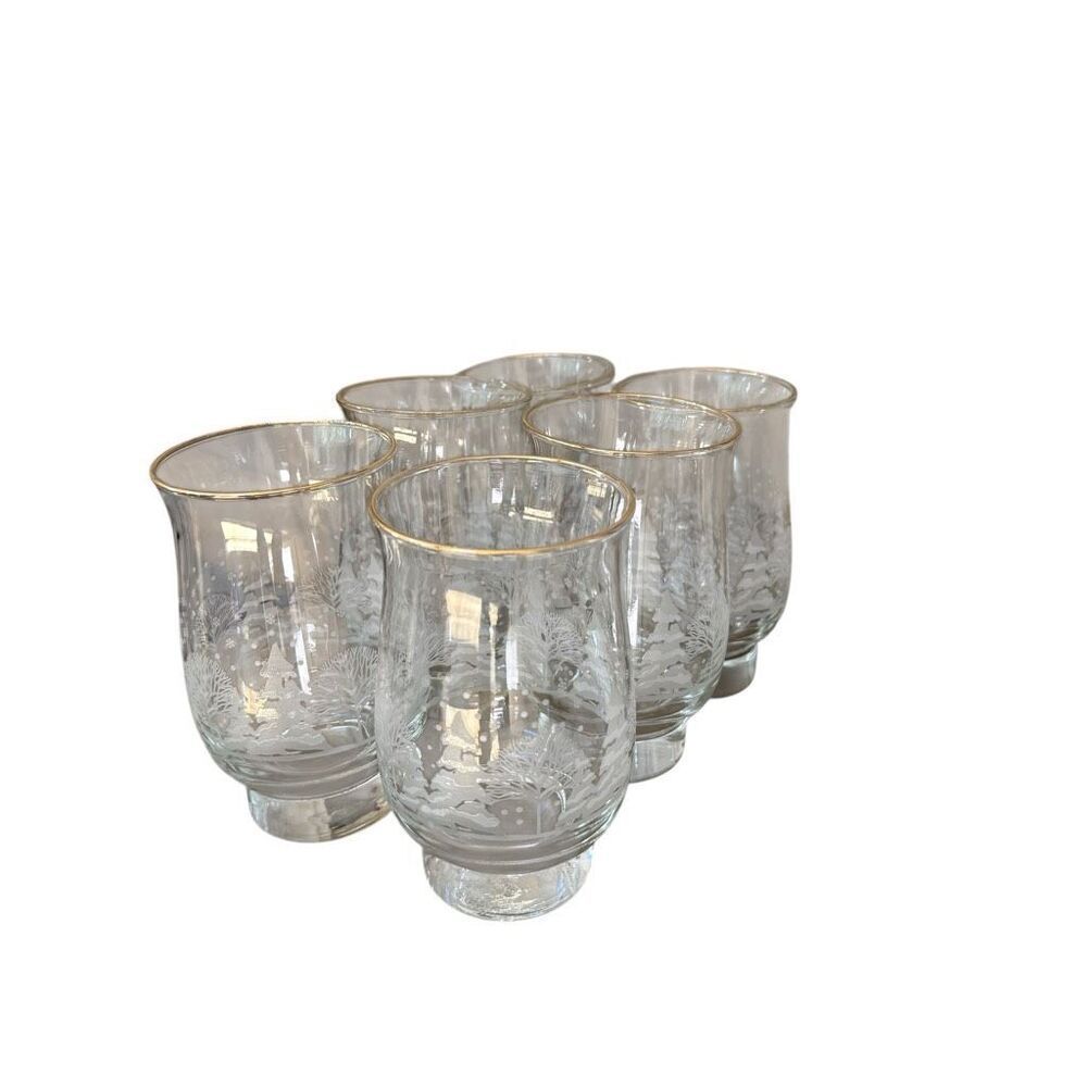 Vintage Set Of 6 Libbey Arby’s Clear Etched Snowy Forest Tumblers Gold Rim